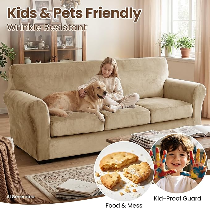 XINEAGE 3-Piece Velvet Loveseat Sofa Cover, Couch Covers for Dog,Camel | 2 Cushion Loveseat,Stretch Non-slip Elastic, Pet-friendly, Washable, Fast Setup, Soft Plush Fabric, Furniture Protector. - Image 6