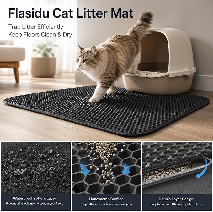 Cat Litter Box Mat Double Layer Trapping Mat Easy-Clean Waterproof Urine Proof(Black 30x22in) - Image 2