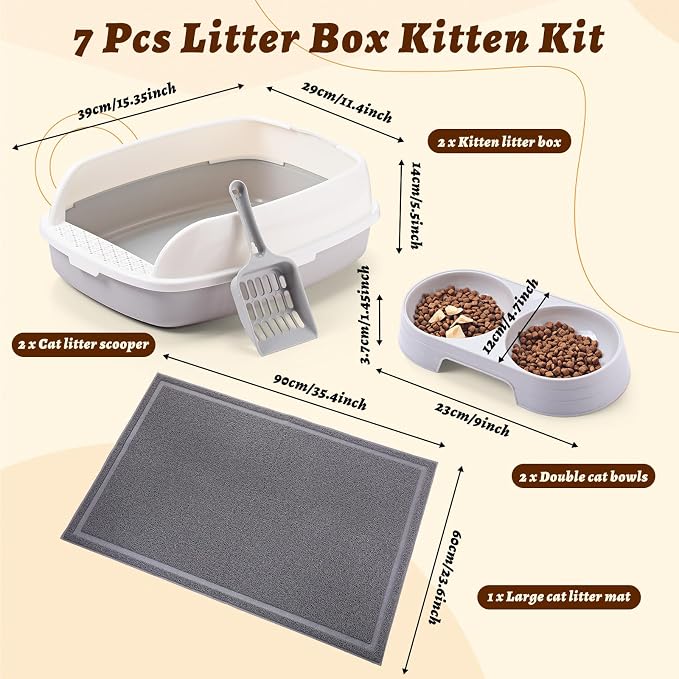 Sliner Kitten Litter Box Low Entry Starter Kit – 7pcs Set with 2 Litter Boxes, 2 Bowls, Scoop & Waterproof Mat, High Sided Cat Toilet for Small Kittens up to 6.6lb(Gray) - Image 2