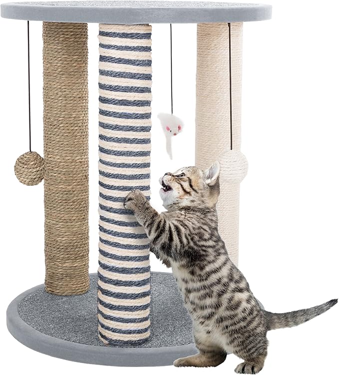 Cat Scratching Post - 3 Scratcher Posts with Carpeted Scratch Pad Base and Perch - Furniture Scratching Deterrent for Indoor Cats by PETMAKER (Gray) by PETMAKER