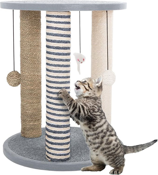 Cat Scratching Post - 3 Scratcher Posts with Carpeted Scratch Pad Base and Perch - Furniture Scratching Deterrent for Indoor Cats by PETMAKER (Gray) by PETMAKER