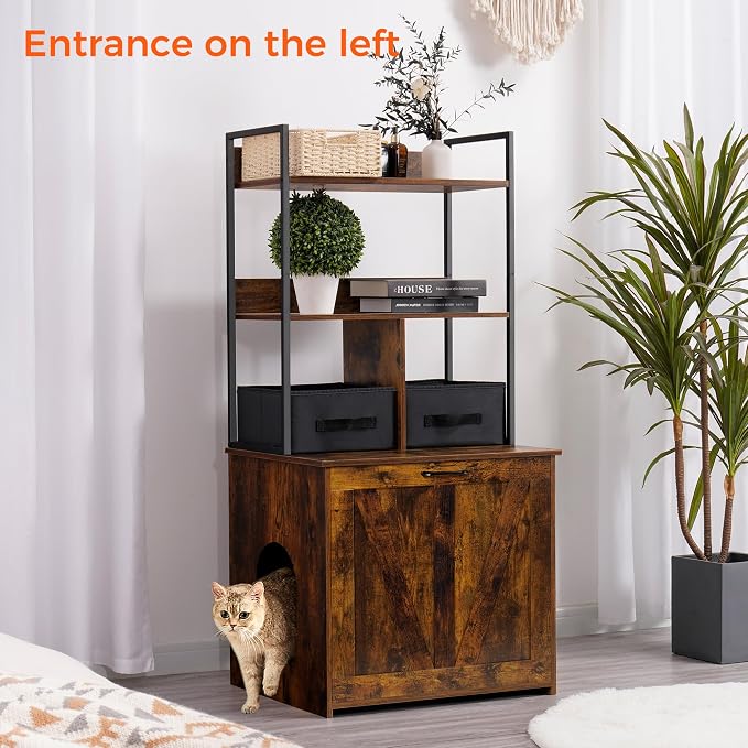 Dwanton Litter Box Enclosure with 2 Storage Shelves and 2 Drawers, 2-in-1 Hidden Cat Litter Box Enclosure Furniture with Shelf, Reversible Entrance, Washable Drawers, 50-Inch, Rustic Brown - Image 3