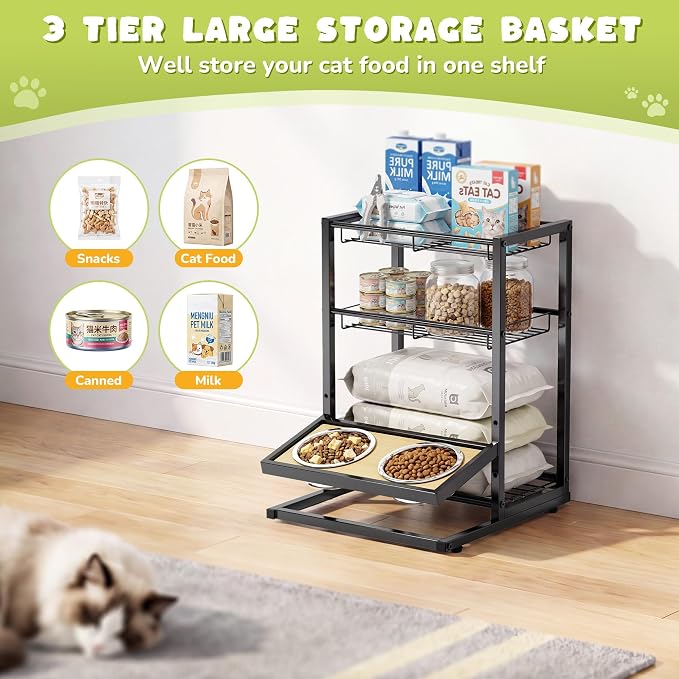 Elevated Cat Bowl Stand Feeding Station, 3-Tier Cat Food Organizer & Storage, Pet Feeding Station with Cat Table, Cat Food Stand for Large Medium Cats, 3 Height Adjustable, Black - Image 5