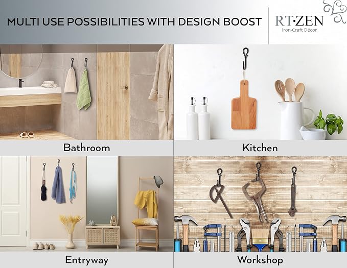 RTZEN Classic Farmhouse Wall Mount Multi-Use Wrought Iron Hook Set (3 Pack) | Decorative Rustic Metal Handcrafted Bathroom, Entreyway Home Decor Hooks Suitable for Coats, Towels, Robe or Hat Hanging - Image 3
