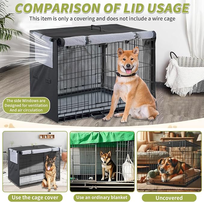 Dog Crate Cover 1200D Heavy Duty Polyester Built-in Anti-freezing Felt | for 48 inch Wire Dog Cage Winter Indoor Outdoor Protection,Waterproof Frostproof Large Dog Kennel Covers - Only cover (Black) - Image 9