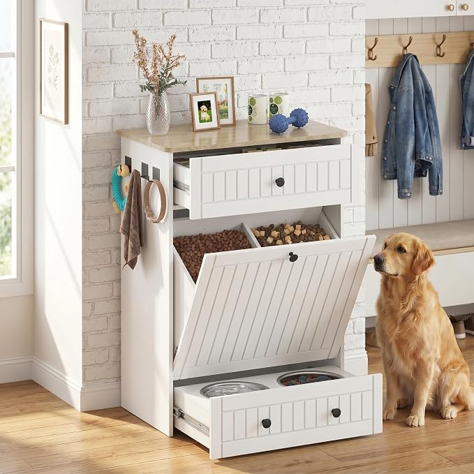 Dog Feeding Station Cabinet Elevated Bowls (White, Classic Panel) | Slow Feeder Insert, Large food bin, Removable Divider, 3 Side Hooks, Pull-Out Drawer, Easy to Clean for Small & Middle Dogs by Oakvera