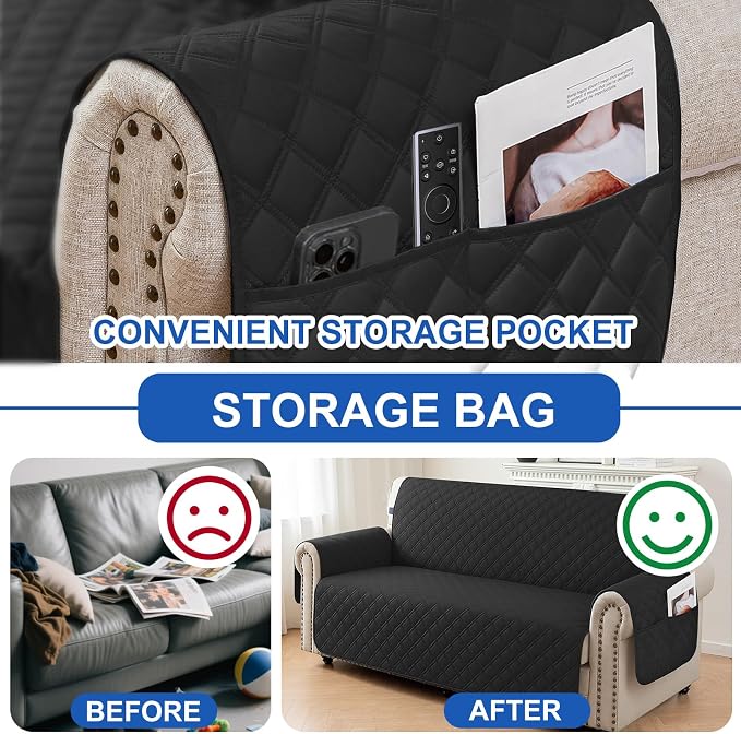 Waterproof Loveseat Covers for 2 Cushion Couch, Sofa Covers for Pets Washable with Side Pockets, Non Slip Couch Covers for Dogs, Dog Couch Cover with Elastic Straps (Loveseat, Black) - Image 5
