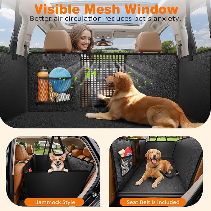 URPOWER XL Hard Bottom Dog Seat Cover for Full-Size Truck Back Seat | 400 lbs Support, 45% More Space, PU Leather, Waterproof, Scratch Resistant, Non-Slip, Mesh Window, Dog Seat Belt Included - Image 4