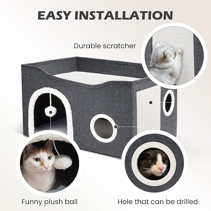 Heeyoo Cat House for Indoor Cats - Large Cat Bed Cave with Fluffy Ball and Scratch Pad, Foldable Cats Houses & Condos, Cat Hideaway, Covered Kitty Bed for Multi Small Large Kitty, 23.8x15.9x13.2 Inch - Image 4