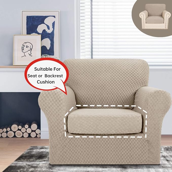 YEMYHOM Stretch Individual Cushion Covers Sofa Chair Seat Cushion Slipcovers Soft Couch Cover Replacement Large Checkered Furniture Protector with Elastic Bottom (1 Pc Cushion Cover, Khaki) - Image 3