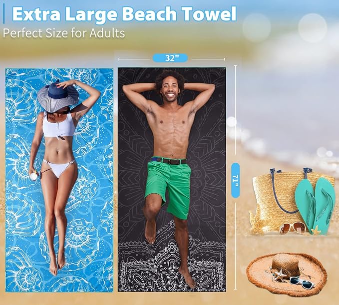 Microfiber Beach Towel Oversized 71x32 Blue Black with Bag 2 Pack | Thin Lightweight Sand Free Absorbent Quick Dry Compact Large for Adult Travel Camping Pool Swim Bath Cruise Essentials Gift - Image 3