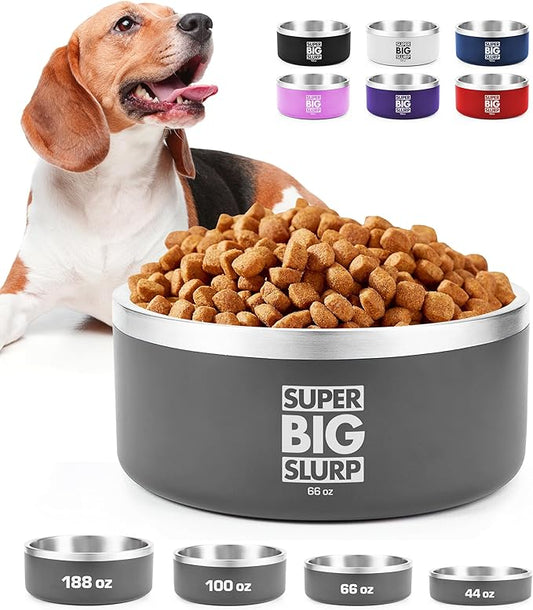 Tuff Pupper Heavy Duty Insulated Dog Bowl | Double Wall Stainless Steel Dog Food Dish | Non-Slip Spill Proof Dishwasher Safe Cat Bowl | Water Dish for Feeding Large Medium Small Pets (66oz, Grey) by TuffPupper