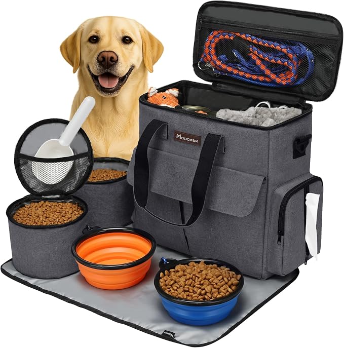 Modoker Weekend Dog Travel Bag with 2 Food Bags, 2 Bowls and Mat, Dark Gray | Dog Travel Accessories Organizer for Camping and Road Trips with Roomy Storage, Multiple Pockets and Water-Resistant Oxford by Modoker
