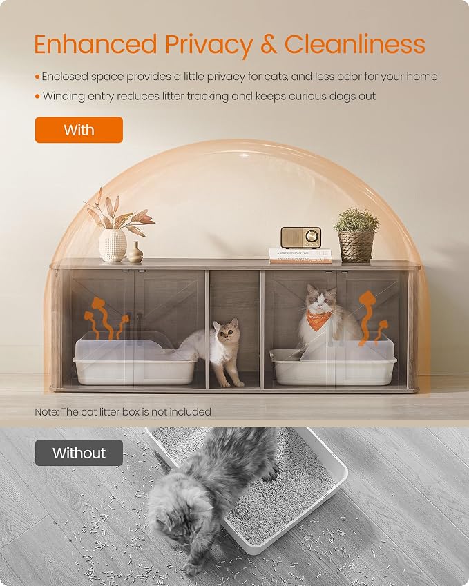 Feandrea Double Cat Litter Box Enclosure, Modern Litter Box Furniture Hidden for 2 Cats, Front Entry, Cat House, Side End Table, TV Stand, 59 x 19 x 19.5 Inches, Heather Griege UPCL010G01 - Image 6