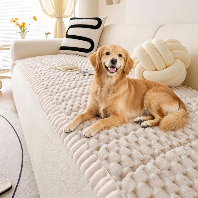 OTOB Couch Cover for Dogs Washable Non Slip Pet Couch Covers Sofa Protector | Cream, 27.6" x 59.1", Fuzzy Soft Plush, Pet Friendly, All Seasons, Breathable, Modern, Wear-Resistant, Loveseat Covers by OTOB