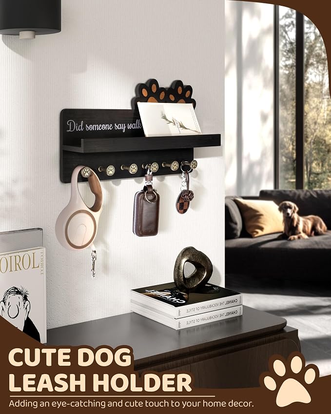 MTERSN Decorative Dog Leash Holder for Wall - Dog Accessories Organizer with Floating Shelf & 6 Hooks for Home Decor - The Cute Key Holder Wall Mount for Dogs Lover Gifts (Black) - Image 2