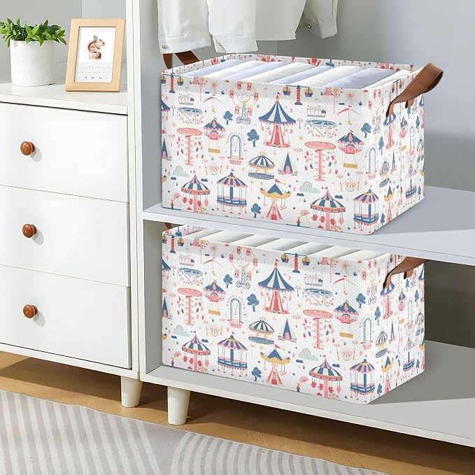 Dreamland Amusement Park Baby Storage Basket with Labels&Handles Rectangular Waterproof Nursery Storage Bins Collapsible Shelf Organizer Baskets for Kids Books Cloth Gift Toys Laundry, 2 Pack - Image 3