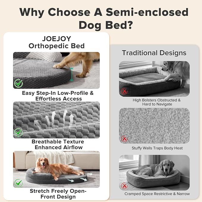 JOEJOY Orthopedic Dog Beds Large Sized Dog, Washable Waterproof Oval Large Dog Bed with Removable Cover, Big Egg-Crate Memory Foam Pet Bed with Bolster Sides & Non-Skid Bottom, Dark Grey, 36''x27'' - Image 4