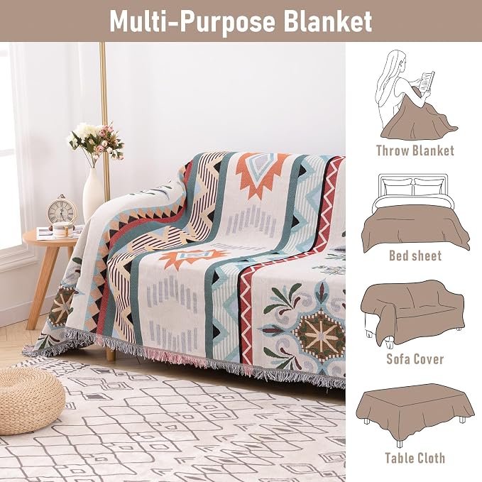 Homcosan Sofa Slipcovers Towel Reversible Geometrical Couch Cover for 2 Seat Sofa Blanket Boho Sofa Cover Sectional Couch Cover with Tassels Couch Protector for Pets, Kids - Image 6