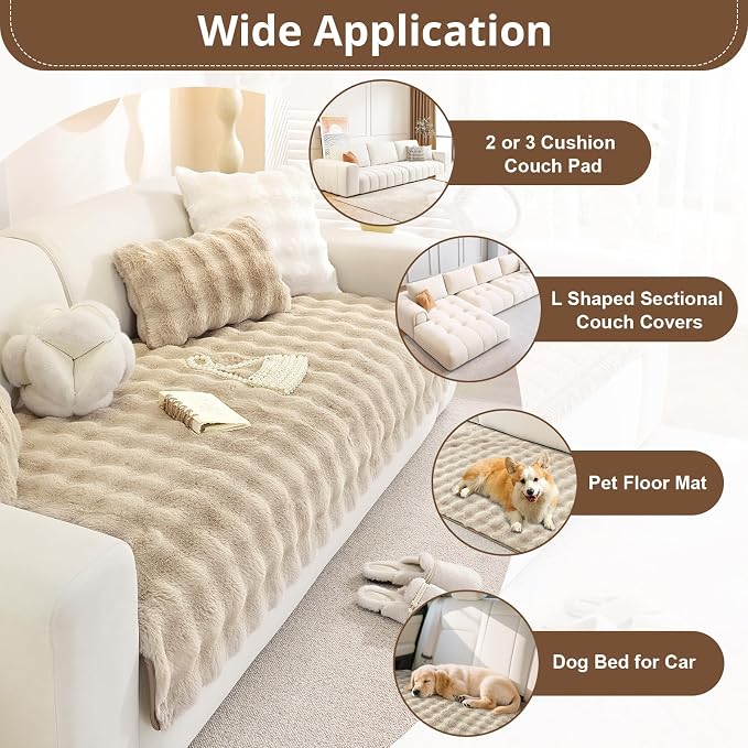 OstepDecor Faux Fur Couch Covers for Sofa, Soft Plush Sofa Covers Washable | Non Slip Dog Couch Protector, Pet Hair, Dirt & Wear Protection, Fits Sofas, Loveseats & Sectionals, 35.4" x 70.9", Khaki - Image 5