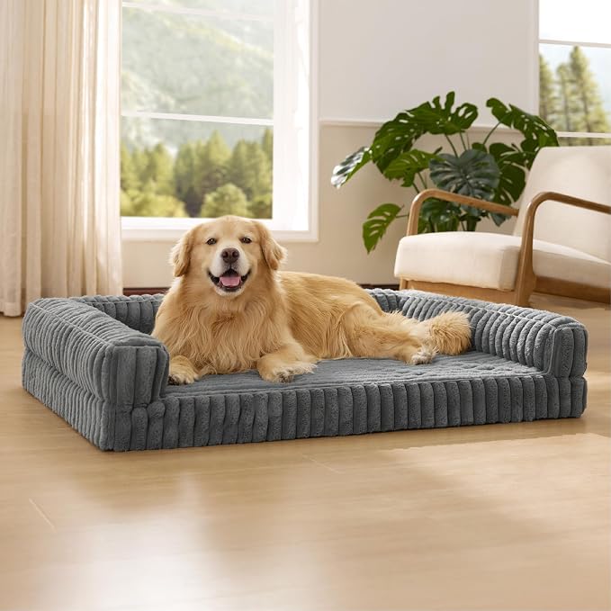 Bedsure ComfyFleece™ Orthopedic Dog Beds for Extra Large Dogs, Waterproof Memory Foam XL Pet Bed with Sides, Non-Slip and Egg-Crate Foam Big Dog Couch Sofa with Washable Corduroy Cover, Grey by Unknown