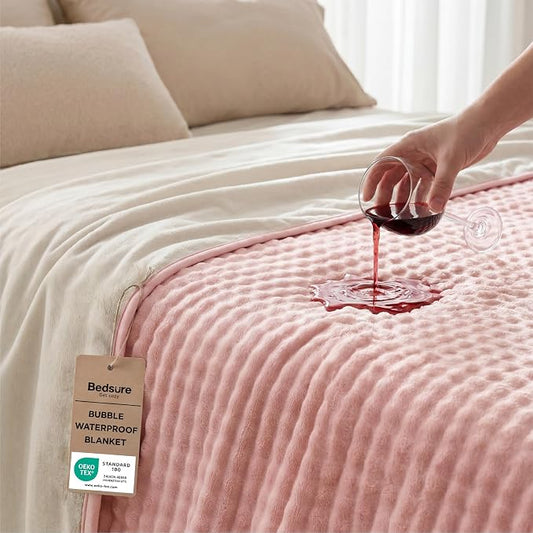 Bedsure Bubble Waterproof Blanket for Bed - Soft Fleece Reversible Dog Blankets for Large Dogs, Waterproof Couch Sofa Cover Bed Protector, Pink/Beige, Queen 90x90 inches by Unknown
