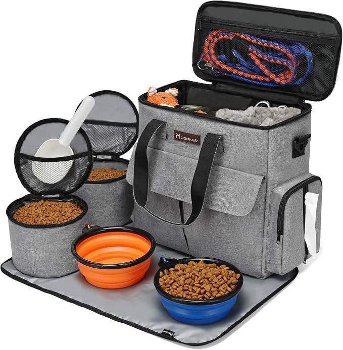 Modoker Weekend Dog Travel Bag Set with 2 Food Bags, 2 Bowls and Mat, Grey | Dog Travel Accessories Organizer for Camping and Road Trips with Roomy Storage, Multiple Pockets and Water-Resistant Oxford - Image 7