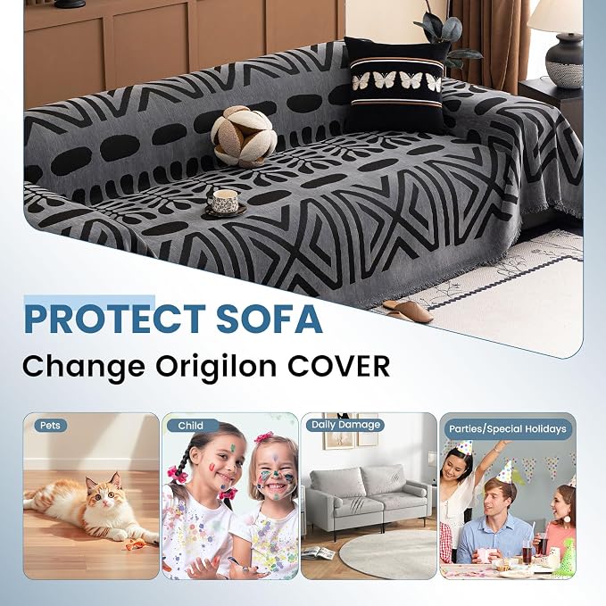 STACYPIK Boho Dark Grey Couch Cover for Pets Non Slip Black Geometric Sofa Cover Anti-Scratch Furniture Protector for 2 Cushion Couch with Tassels Multi-Use Sofa Slipcover for Sectional-71X118IN - Image 2