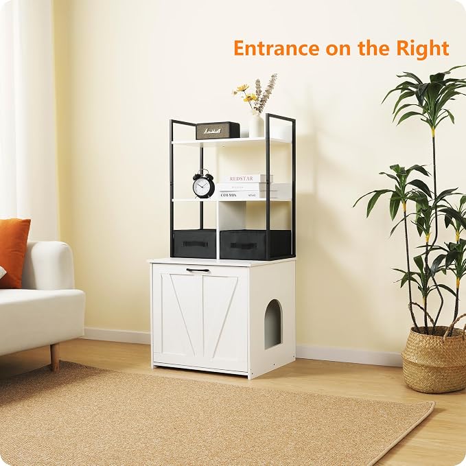 DWANTON Litter Box Enclosure with 2 Storage Shelves and 2 Drawers, 2-in-1 Hidden Cat Litter Box Enclosure Furniture with Shelf, Reversible Entrance, Washable Drawers, 50-Inch, White - Image 4
