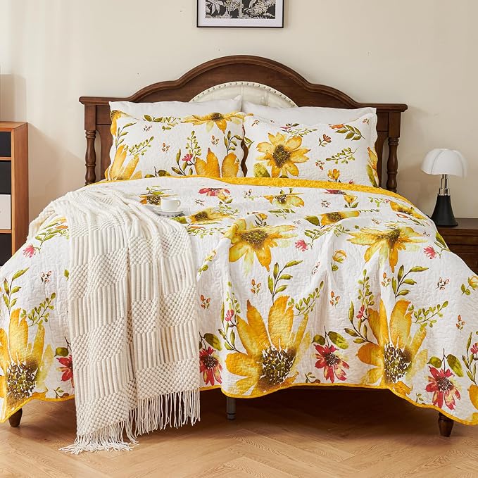 EVENHUG 100% Cotton Quilt Queen Size Yellow Sunflower Bedding Set Floral Lightweight Quilt Reversible Coverlet Bedspread with 2 Pillow Shams All Seasons 3 Pieces (92"x96") - Image 3