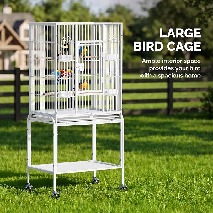 VINGLI 53-inch Bird Cage with Wheels, Durable Wrought Iron Parakeet Cage with Slide Out Tray, Black Bird Cages for Parakeets/Lovebird/Cockatiels/Budgies and Other Small/Medium Birds (White, 53 inch) - Image 3