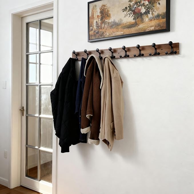 SKOLOO 43-Inch Wood Coat Rack Wall Mount with 8 Triple Hooks - Ideal for Family Entrances, Classrooms, and Pet Supplies Storage - Perfect Coat Hooks for Wall,Charred Golden Brown - Image 2