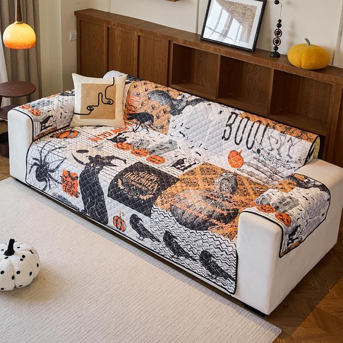 EVENHUG Halloween Sofa Cover for Festival Home Decorations Medium Slipcover Furniture Protector Washable Couch Cover with Non Slip and Elastic Straps for Kids Pets Dogs (Loveseat) - Image 2