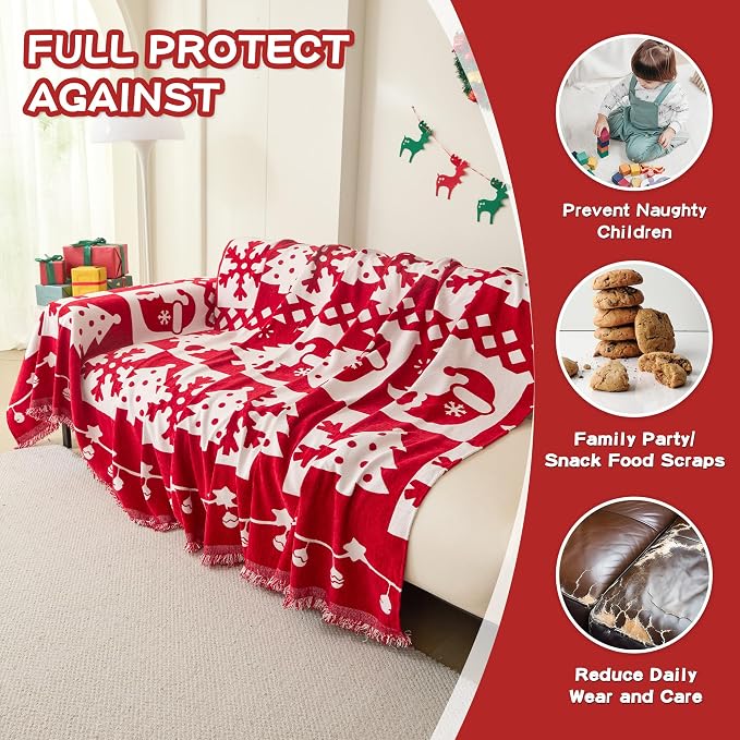 MEETSKY Christmas Couch Cover for Sectional Sofa, Chenille Loveseat Red Sofa Covers Washable for Pet Friendly Snowflake Christmas Tree Decorative Couch Covers, 71" x 118" - Image 3