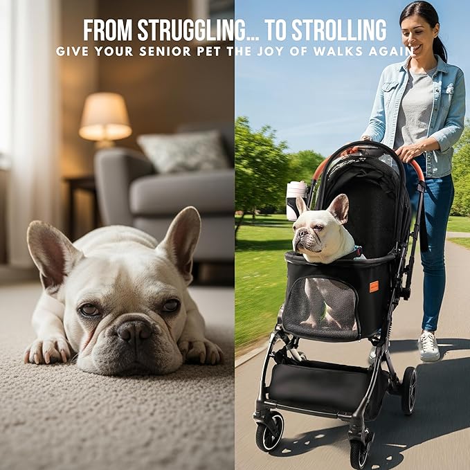Pet Stroller for Small Medium Dogs Cats Up to 45 lbs, Travel Lite Collapsible, All Terrain 4 Wheels for Jogging, Running, Black