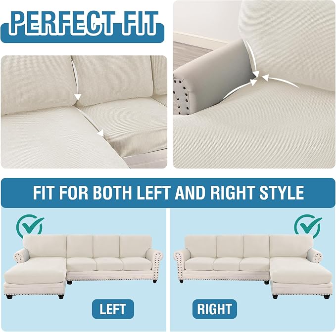 H.VERSAILTEX Sectional Couch Covers 8 Pieces Stretch Sofa Covers for Sectional Sofa Set Separate L Shaped Couch Cover for Both Left/Right Couch (Seat and Back: 1 Chaise + 3 Sofa, Ivory) - Image 5