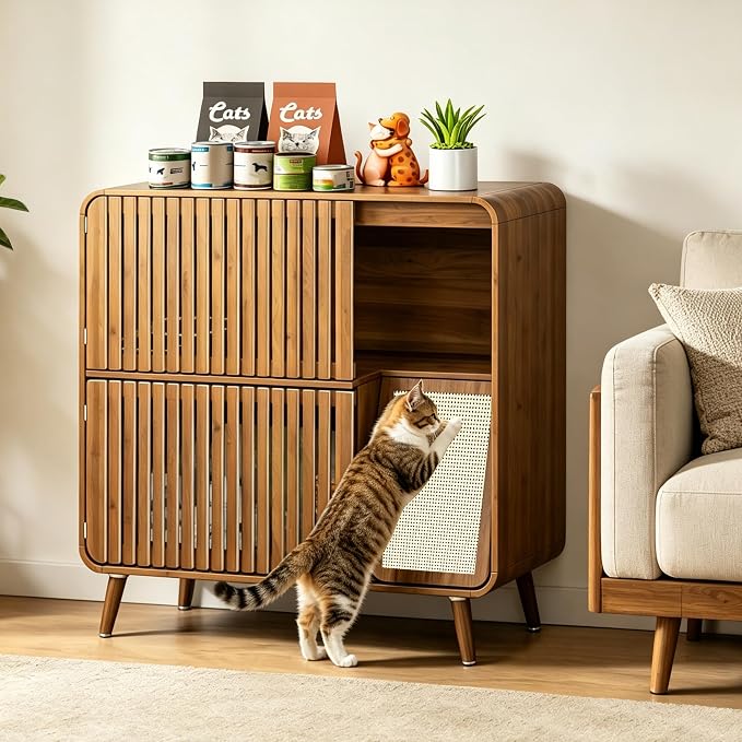 Dog Proof Cat Feeding Station, Pet Feeding Station with Storage and Scratching Board, 2 Raised Steel Bowls for Indoor Cats, Elevated Food Bowls with Stand, Large Pet Furniture, Brown - Image 8