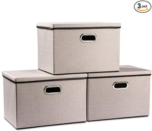 PRANDOM Large Foldable Storage Bins with Lids [3-Pack] linenFabric Decorative Storage Boxes Organizer Containers Baskets Cube with Handles Divider for Bedroom Closet Office Light Grey(17.7x11.8x11.8) by Prandom
