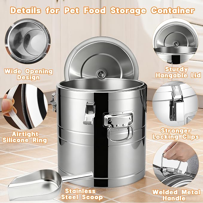 40lb Stainless Steel Dog Food Storage Container, Large Capacity Metal Pet Food Storage Container with Scoop, Airtight Dog & Cat Food Treat Bin for Dry Food Keep Fresh for Multi-Pet Households - Image 3