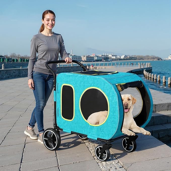2025 Upgraded Dog Stroller for Large & Medium Dogs，Pet Stroller for 2 Small Dogs, Foldable Jogger Wagon with Detachable Carrier for Car Seat, Adjustable Handle, Up to 90 lbs, Blue