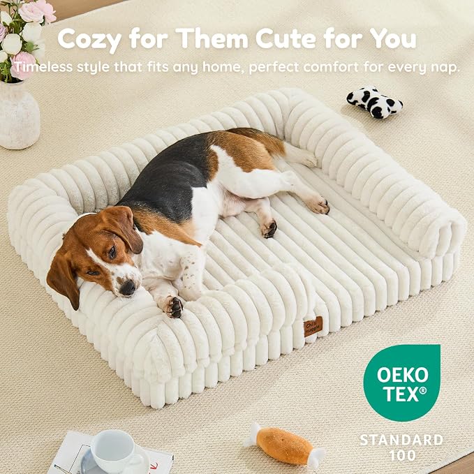 ChiXnuggle Faux Fur Orthopedic Dog Bolster Bed, Waterproof Washable Cover | rectangular dog sofa couch,egg crate foam,non-slip bottom,for large dogs,cream,35*28*7 - Image 8