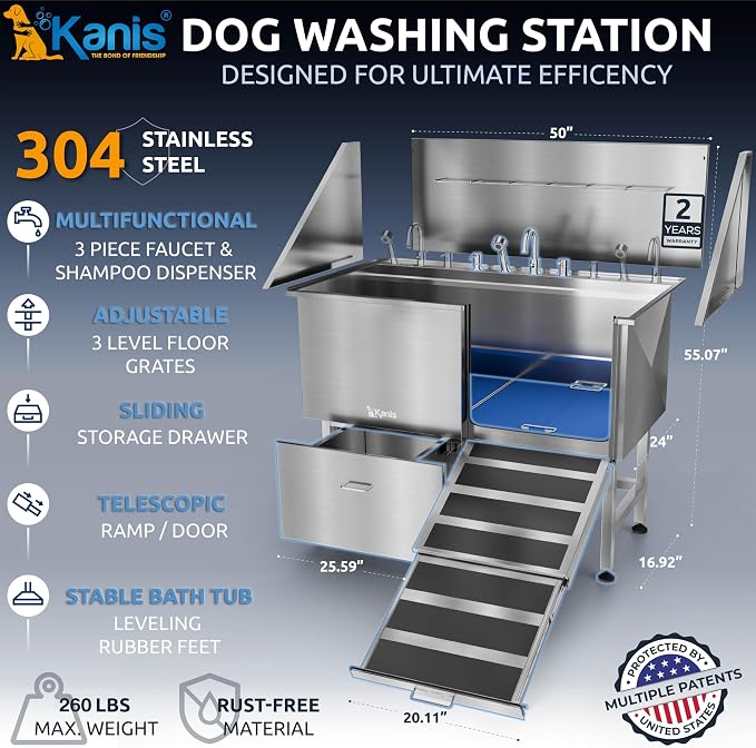 KANIS Professional Dog Washing Station 304 Stainless Steel Pet Wash Sink | Grooming Bathtub w/Shower, Floor Grates and Storage for Large, Medium & Small Pets - Image 2