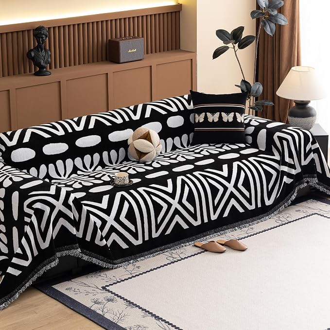 VClife Minimalism Tribal Couch Cover Non Slip White Black Geometric Jacquard Sofa Cover Washable Bohemian Style Aztec Couch Slipcover for Sectional Couch Chenille Furniture Protector 71''x118'' - Image 6