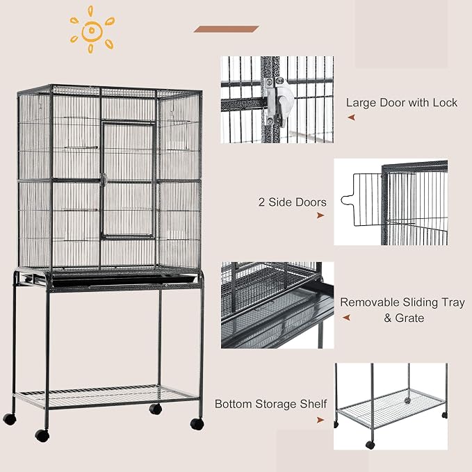 PawHut 30" Rolling Metal Bird Cage Feeder with Detachable Rolling Stand, Storage Shelf, Wood Perch & Food Container | Storage Shelf, Wood Perch, Food Container - Image 5