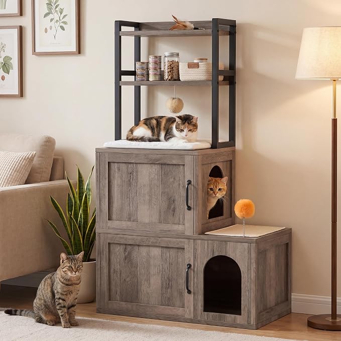 Heybly Cat Litter Box Enclosure Furniture, Double Hidden Litter Box Cabinet with Cat Tree, Large Litter Box Enclosure with Shelves & Storage, Cat House for 2 Cats, Cat Box Enclosure, Greige HCLB002SG - Image 8