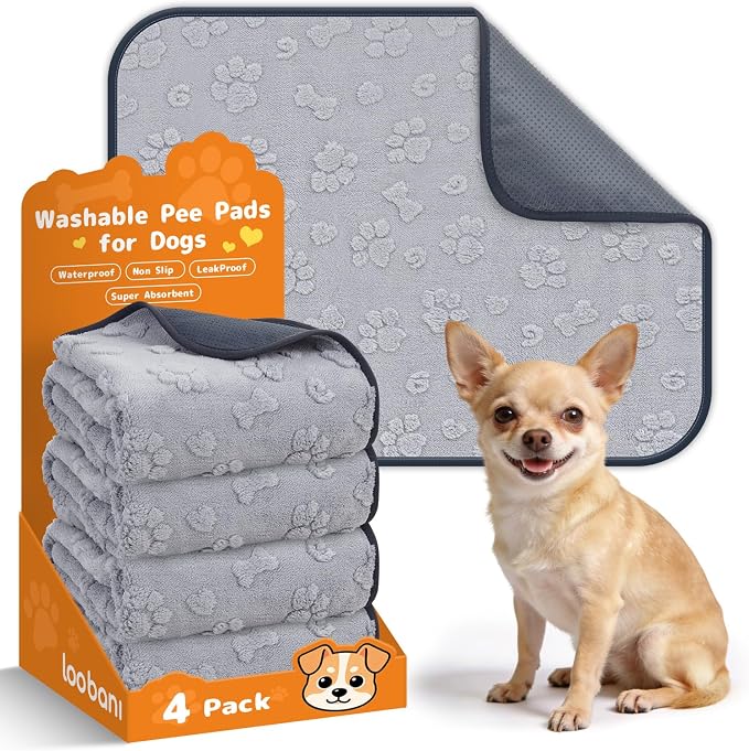 LOOBANI Washable Puppy Pads Waterproof 18"x24", 4 Pack, Gray | Soft Reusable Pee Pads For Dogs, Floor, Crate, Bed, Incontinence, Housebreak, Fast Absorbent, Non-Slip, Leakproof by LOOBANI