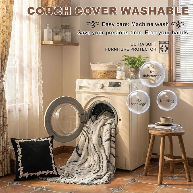 ROOMLIFE Couch Cover 3 Cushion Sofa, Washable Non Slip Furniture Sofa Protector Cover, Soft Chenille Sofa Slipcovers Sectional L Shape Dogs Couch Cover Throw Blanket with Tassels 71''X118'' - Image 6