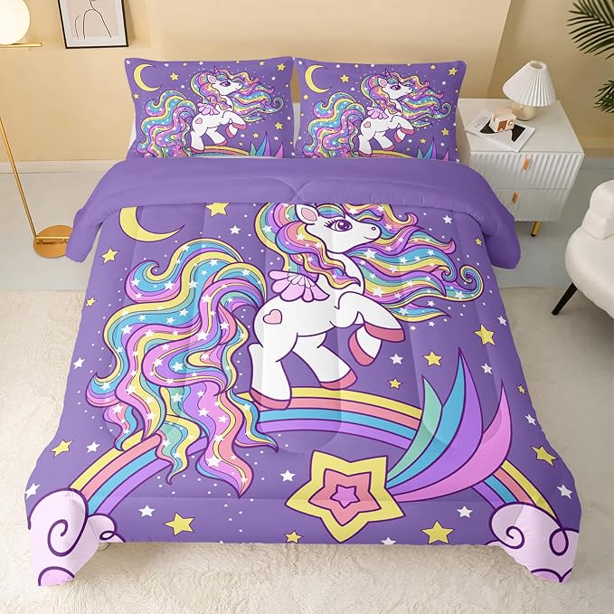 QOOMO Unicorn Comforter Twin Size,Rainbow Unicorn Comforter Set for Kids Teens Girls,3Pcs Bedding Set Printed Comforter with 2 Pillowcases,Down Alternative,Soft and Lightweight，Twin Size - Image 2