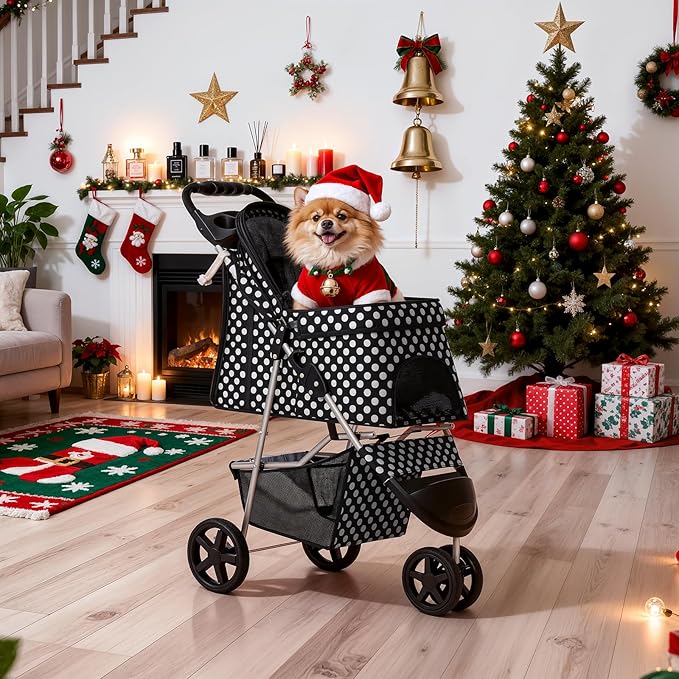 MoNiBloom 3 Wheels Pet Dog Cat Stroller for Small Medium Dogs Cats, Foldable Jogger Stroller w/Storage Basket and Cup Holder, Black Polka Dots