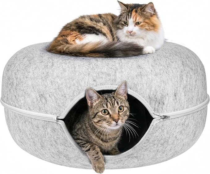 Cat Tunnel Bed for Heavy Big Cats up to 45 lbs - 24" Donut Cat Bed for Multi-Cat Home - Premium Detachable Zipper Felt Anti-Scratch Cat Cave Bed - Roomy Non-Collapsing Cat Hideaway & Peekaboo Toy by Unknown